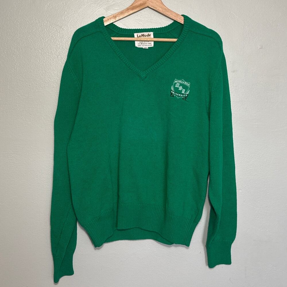 Men's S VTG La Mode Michigan State Made in USA 100% Cotton Green V Neck Sweater
